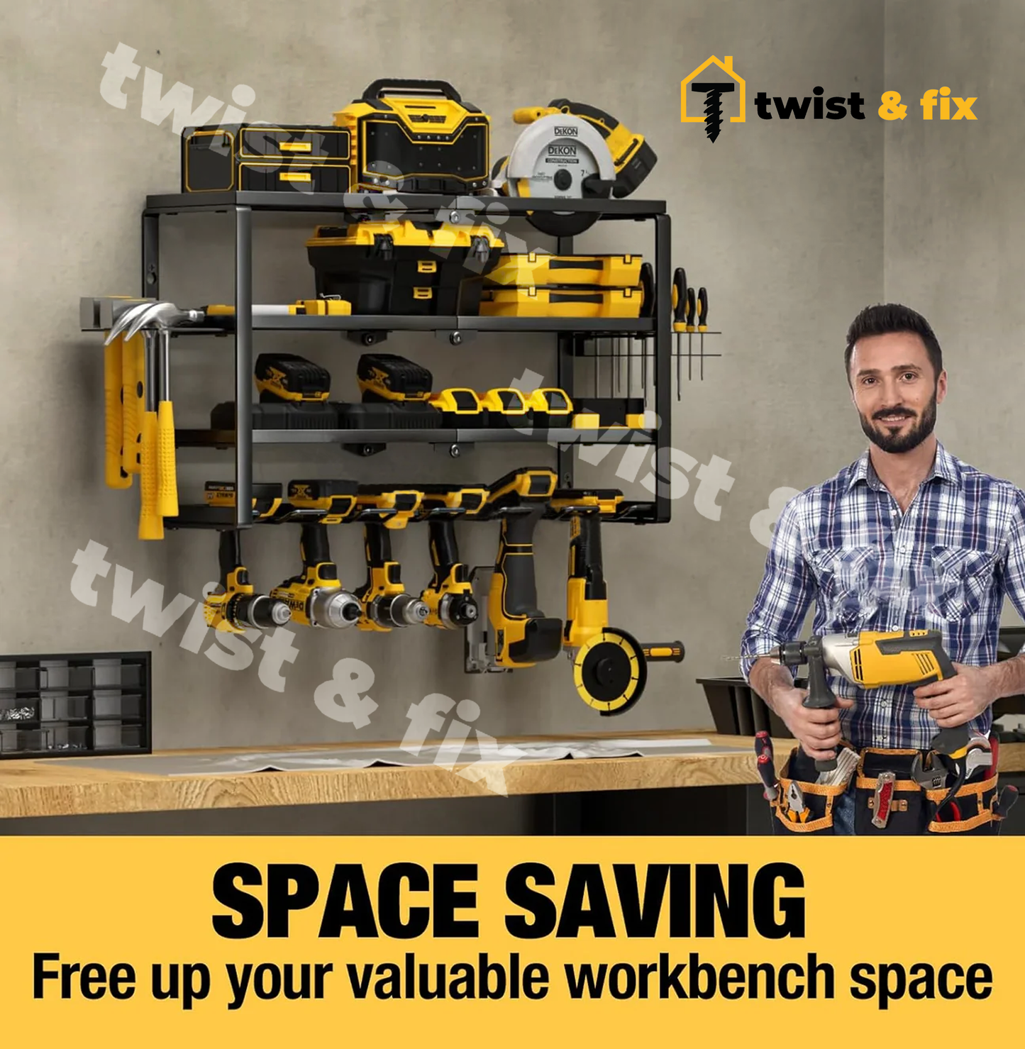 TwistAndFix™ Power Tool Organizer for Workshop Garage