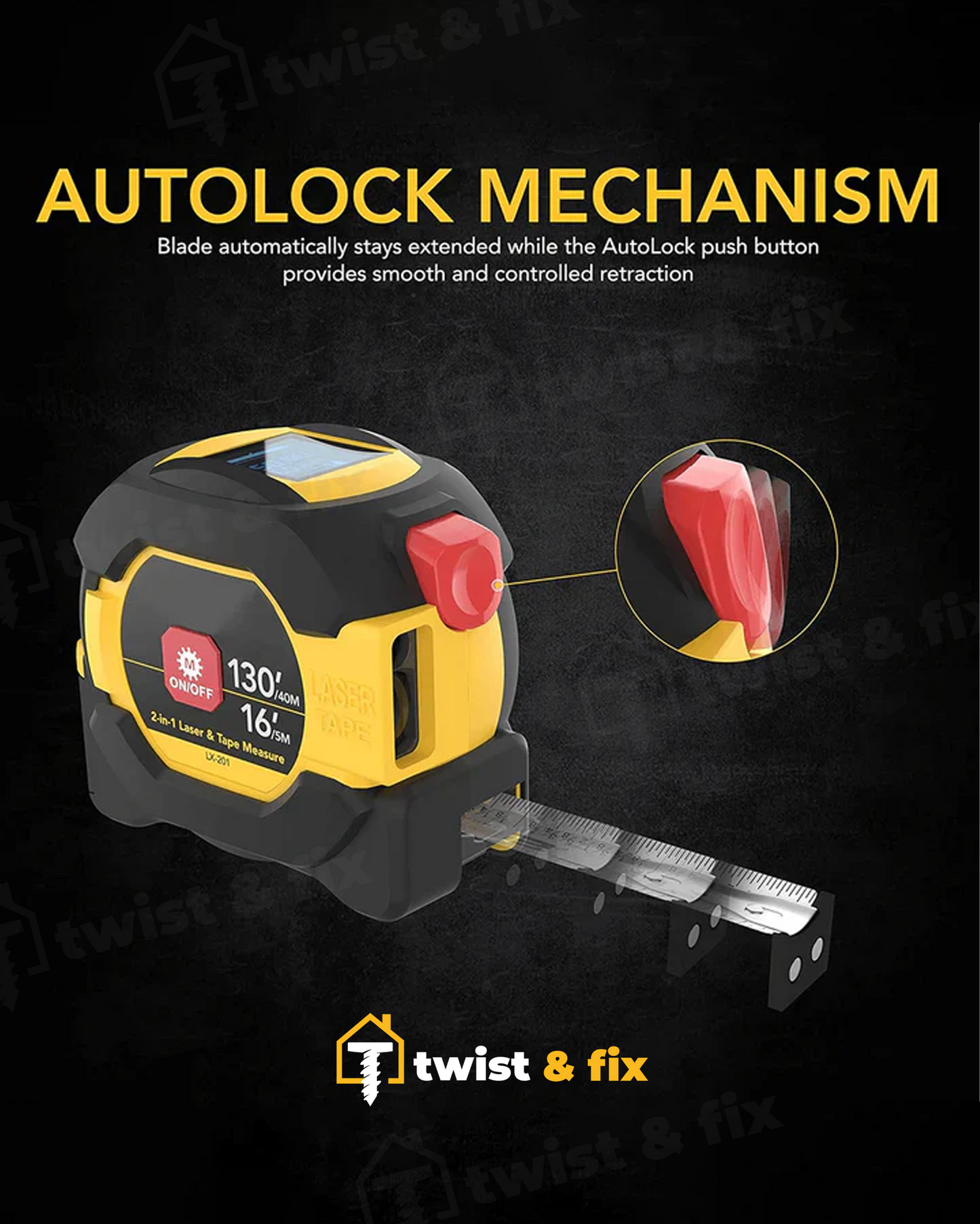TwistAndFix⢠3-in-1 Digital Laser Measuring Tape