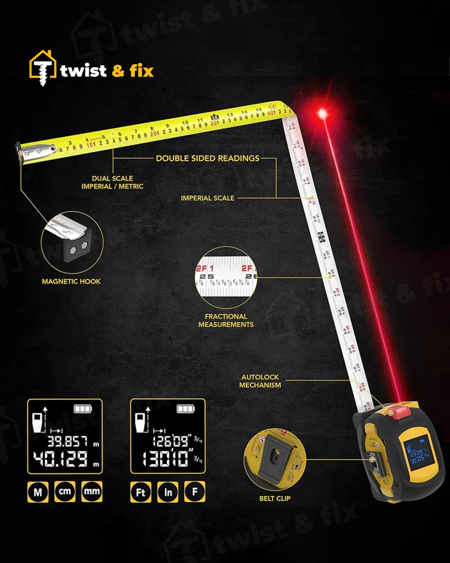 TwistAndFix⢠3-in-1 Digital Laser Measuring Tape